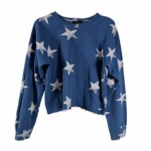 Monrow Star Raglan Sweatshirt Jean Blue Raglan Raw Hem Cropped Loose Size XS